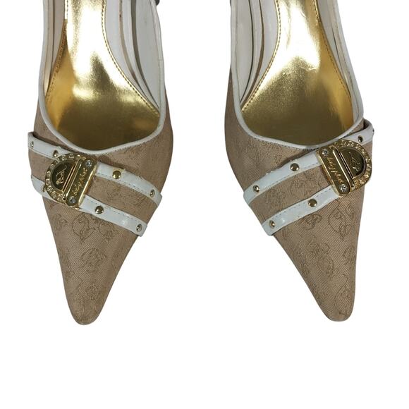 BABYPHAT! BEIGE LOGO MONOGRAM FABRIC WHITE VEGAN LEATHER POINTY TOE HEELS! SZ 8B - Picture 5 of 10